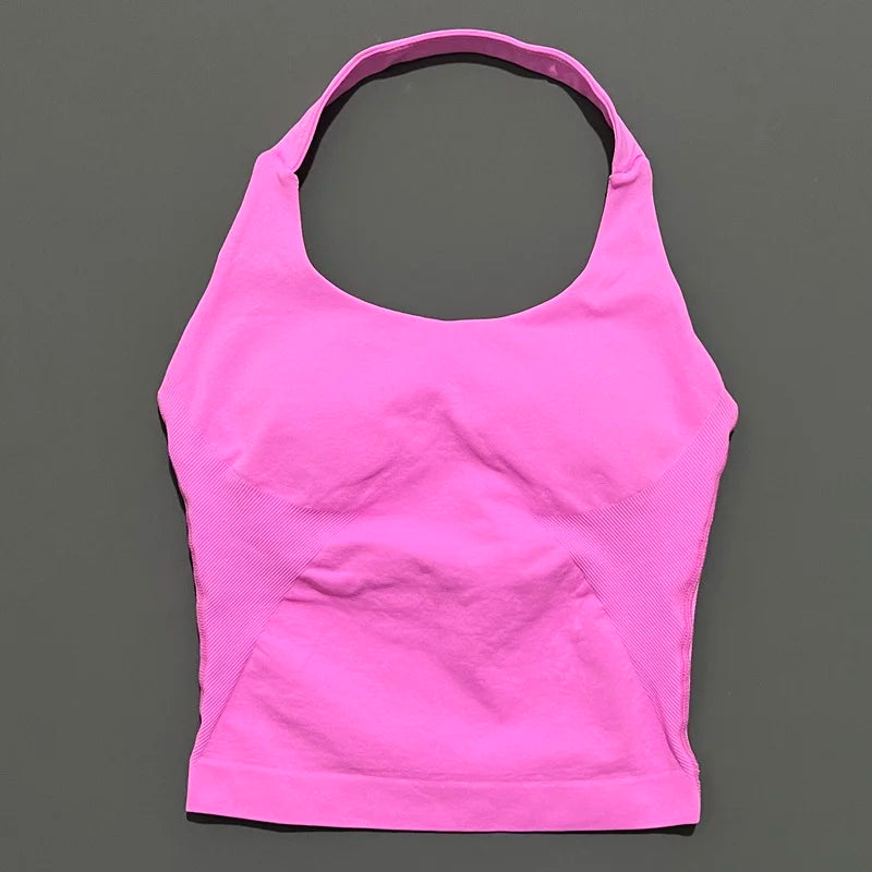 HISTELLO Sports Halter Top Seamless Longline Strappy Gym Tank Top Women Yoga Clothing Workout Fitness Sportswear Pilates Vest