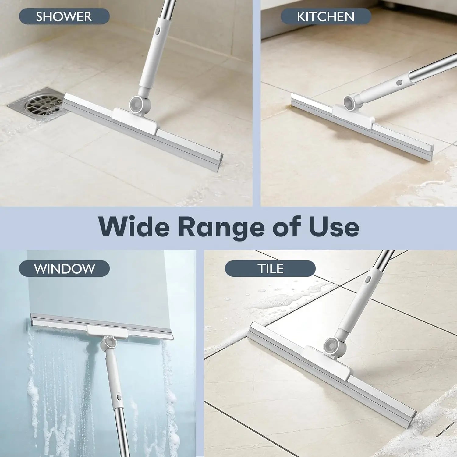 52-Inch Adjustable Floor Squeegee, 180° Rotating Head for Water Removal on Tile, Glass, Garage, Pet Hair