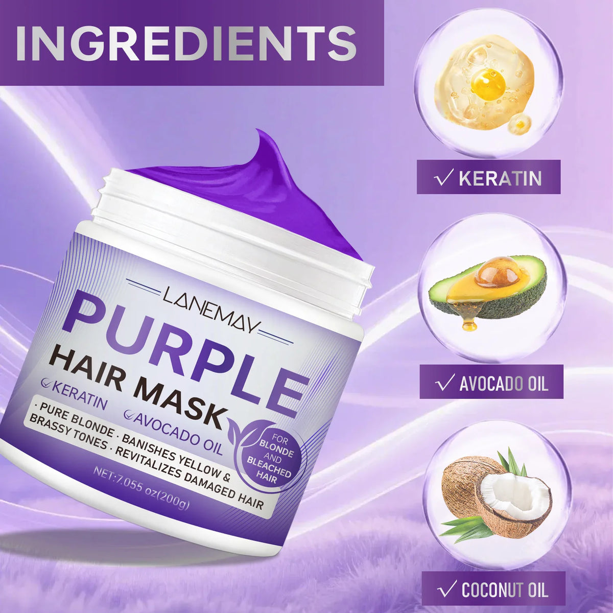 Purple Hair Mask for Blonde & Bleached Hair - Keratin Avocado Oil Toner, Neutralize Brass & Yellow, Repair Damaged Hair 200g