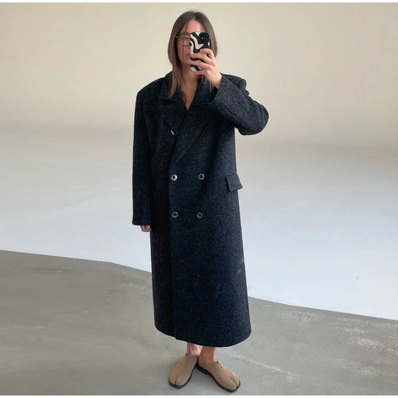 Women's Long Overcoats Lapel Full Sleeve Oversized Woolen Coats Autumn Female Double Breasted Solid Loose Jackets New Outerwears