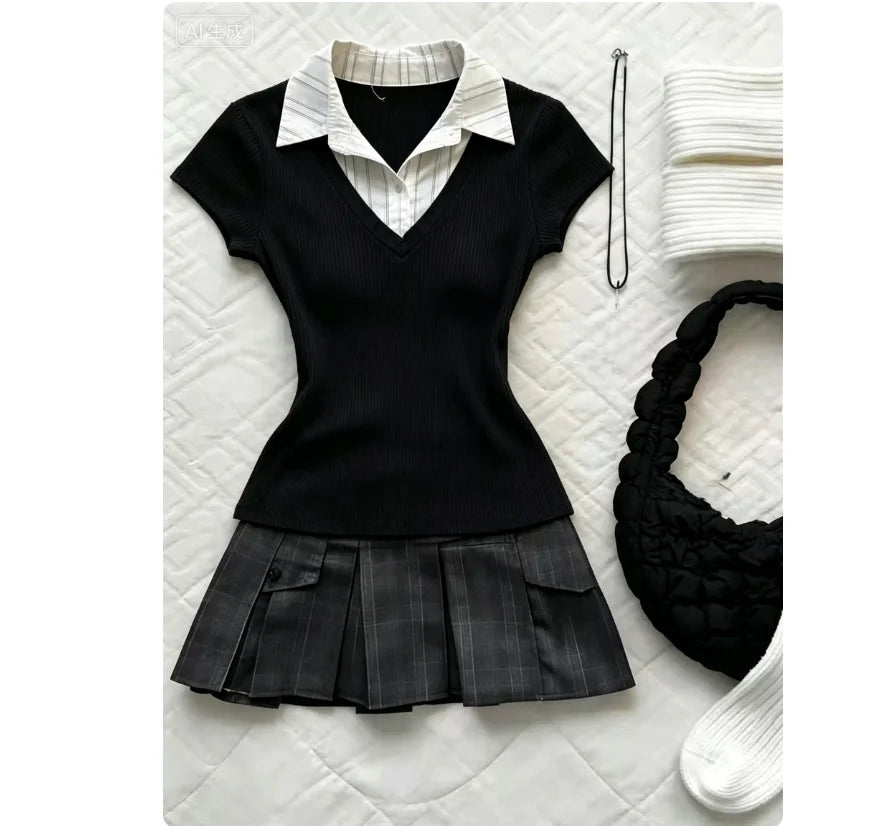 Women Retro Sweet Two‑Piece Outfit Plaid Short Sleeve Top High Waist Pleated Skirt Y2K Harajuku Style Hot Girl Summer Daily Suit
