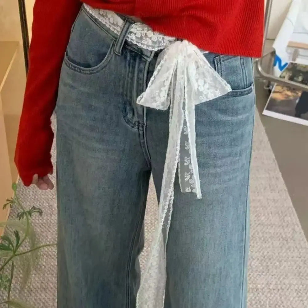 Korean Y2k Long Lace Waistband Floral Thin Lace Waist Belt Tie Up Bow Dress Jeans Belt Summer