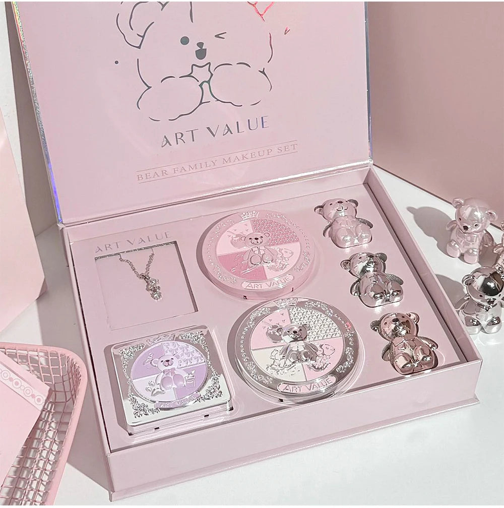 ART VALUE 7PC Makeup Sets Include 3 Colors Matte Lip Mud,1 Pressed Powder,1 Blush,1 Eyes Palette,1 Necklace Beauty Makeup Sets