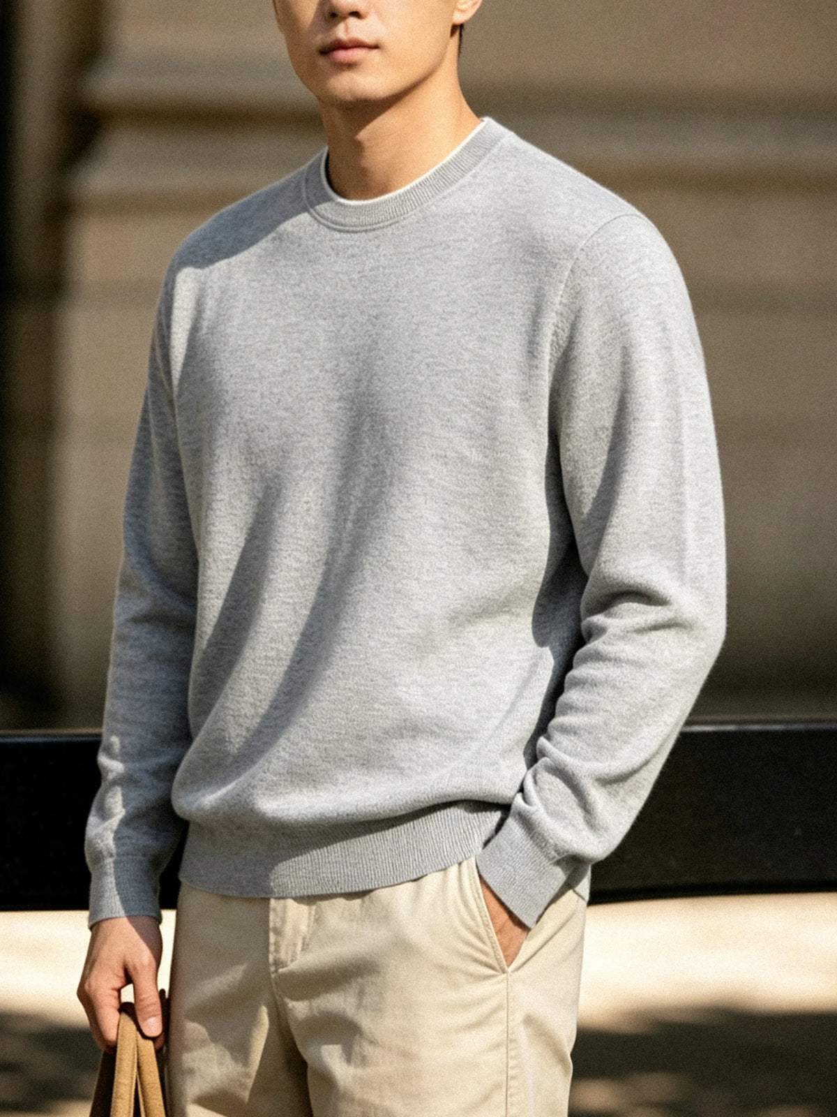 Men's Light Grey round Neck Knitted Sweater Long Sleeve Basic Style Commute Knitted Base Shirt Casual Comfortable Lenzing Fabric