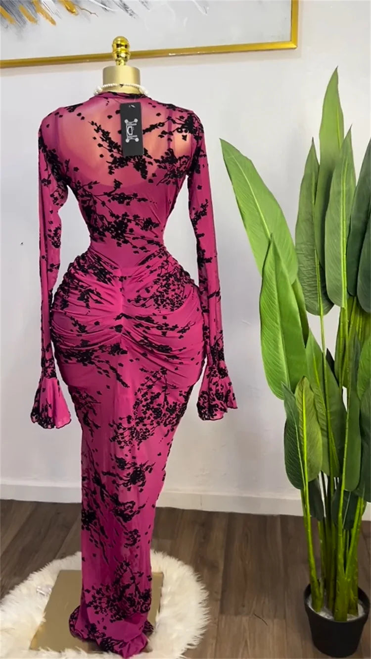 CM.YAYA 2025 Women Long Sleeve Ruched Mesh See Though with Lining Bodycon Long Dress Fall Evening Birthday Sexy Party Dresses