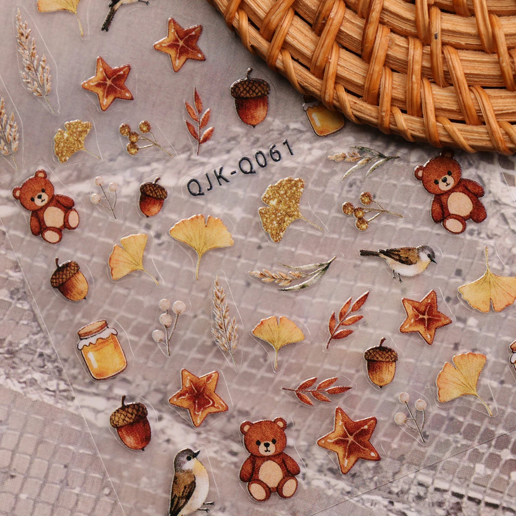 5pcs Autumn Maple Animals 3D Nail Art Stickers Squirral Ginkgo Fall Leaves Fox Bears Honey Pattern Nail Decal DIY Manicure Decor