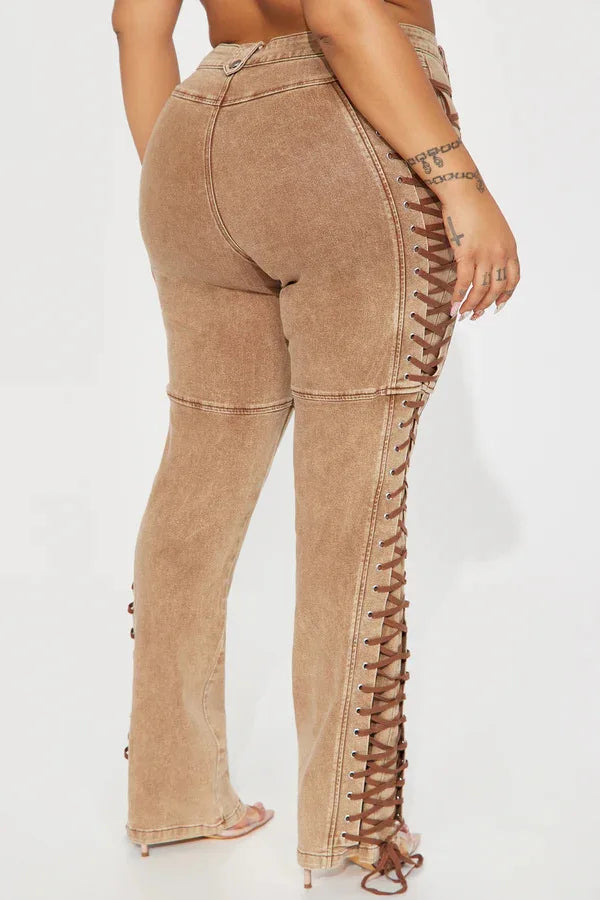 Europe America New Fashionable Women's Straight-leg High-waisted Jeans, Featuring Lace-up Straps and Drawstrings for Hot Girls