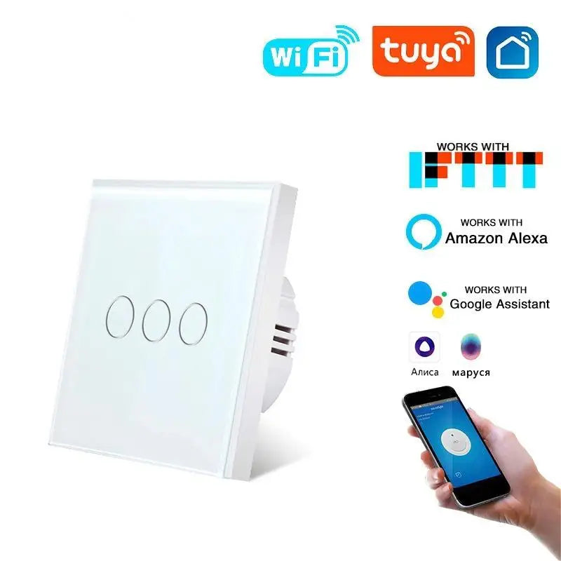 Tuya WiFi Smart Touch Switch Glass Panel EU Standard 1/2/3/4 Gang Light Switch Neutral Wire Required App Voice Control Alexa Goo