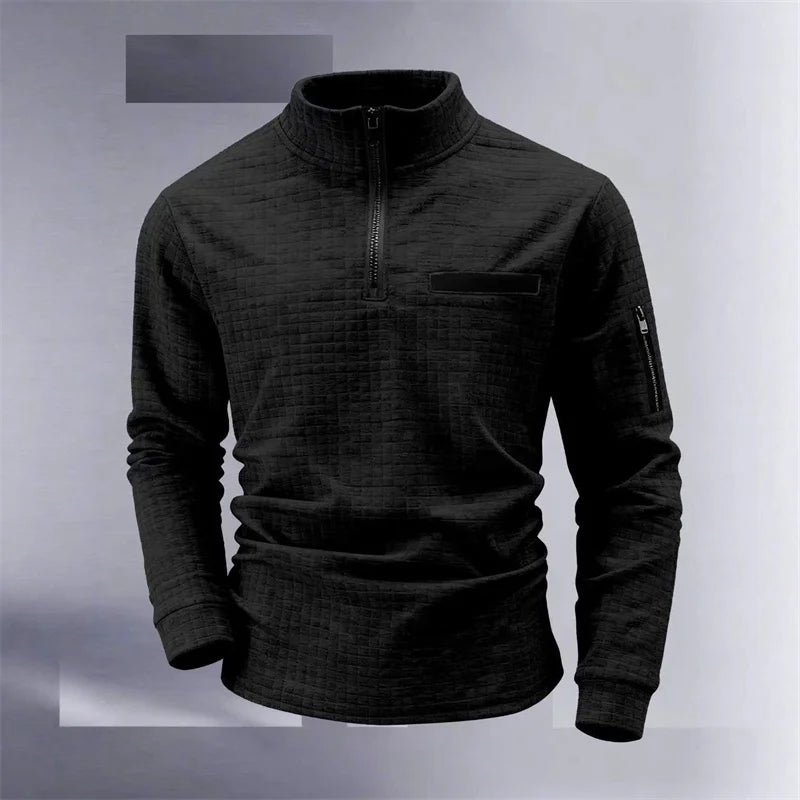 New men's athletic polo shirt, vintage striped design with half-zip closure, slim fit, stylish outdoor long-sleeved casual top.
