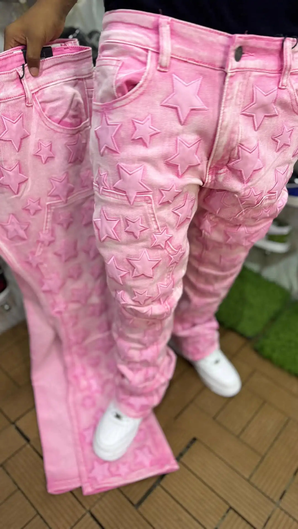 Trend Streetwear Pink Series Five-pointed Star Patch Design  Baggy Denim Pants Cool Dressing Up Personality Straight Leg Jeans