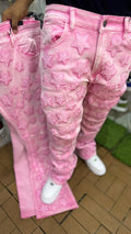 Trend Streetwear Pink Series Five-pointed Star Patch Design  Baggy Denim Pants Cool Dressing Up Personality Straight Leg Jeans