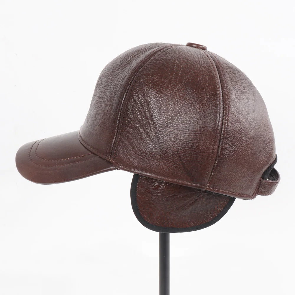 New Men Casual Real Leather Earflap Cap Men Real Cowhide Leather Caps Male Fall Winter Genuine Real Cow Leather Baseball Hats