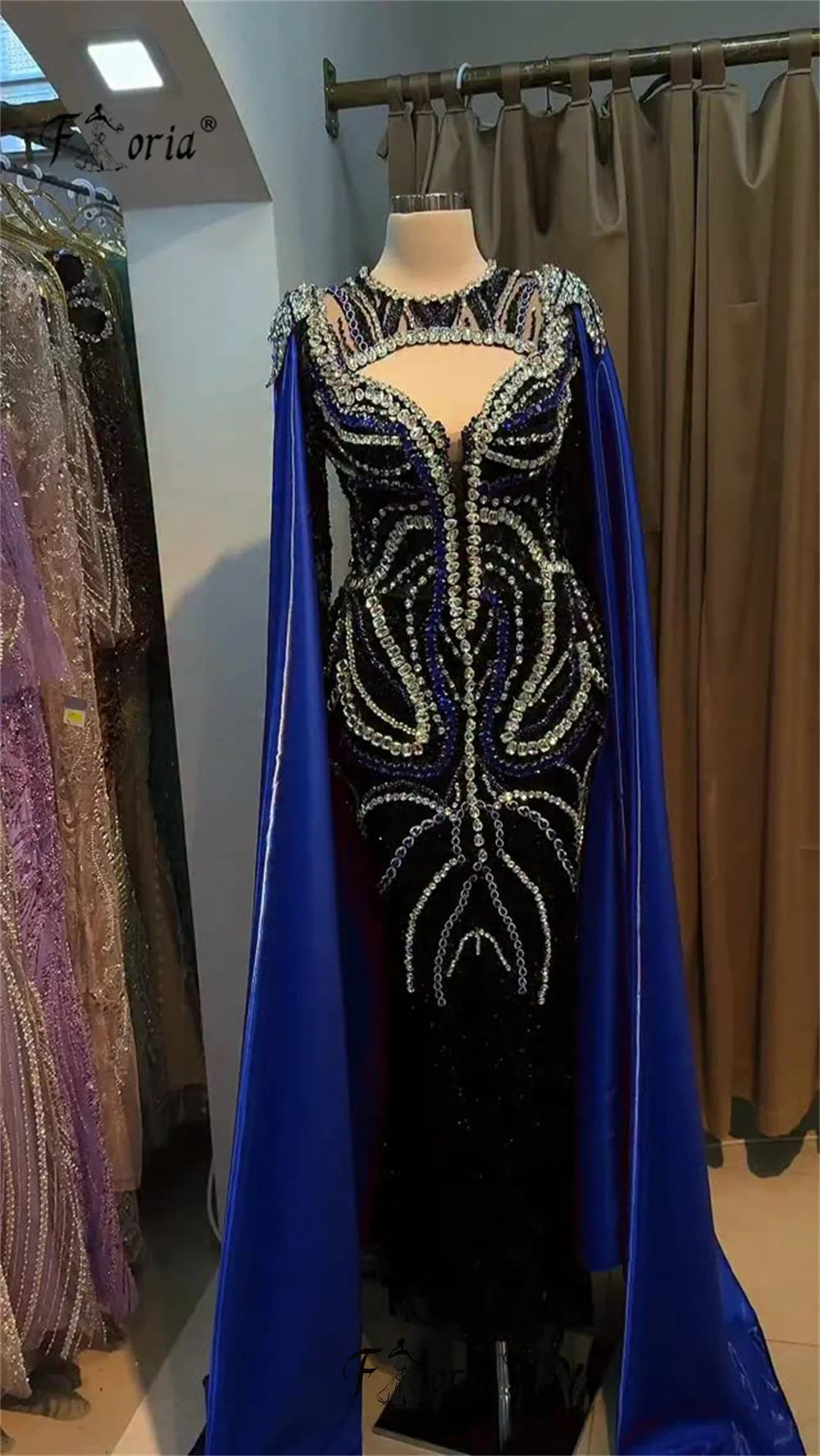 Royal Blue Crystal Mermaid Evening Dresses with Long Cape Stunning Stone Banquet Wedding Prom Dress Robe De Soiree Customized