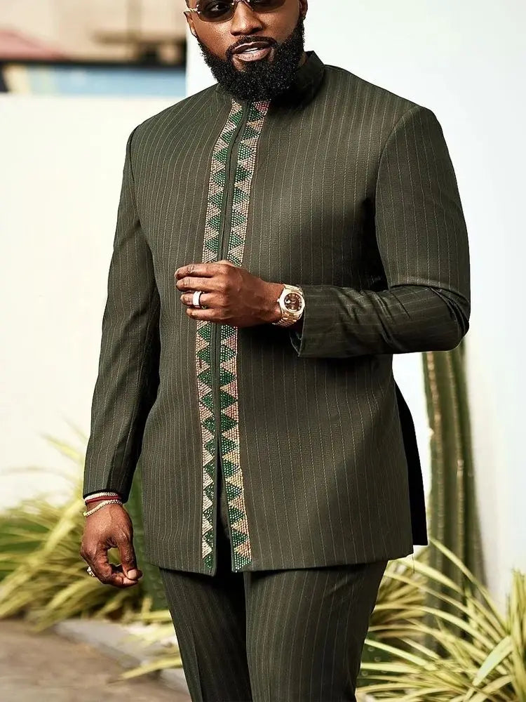 2024 Luxury Men's Suit Set Kaunda Suit Tuxedo Outfits Pocket Top Pants African Ethnic Wedding Gentleman 2pcs Sets Suit Outfits
