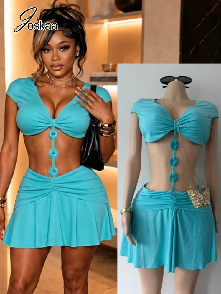 Joskaa Buckle Patchwork Blue Dress Woman Sexy  V-Neck Sleeveless Hollow Design Bodycon Mini Dresses Beachwear Party Clubwear