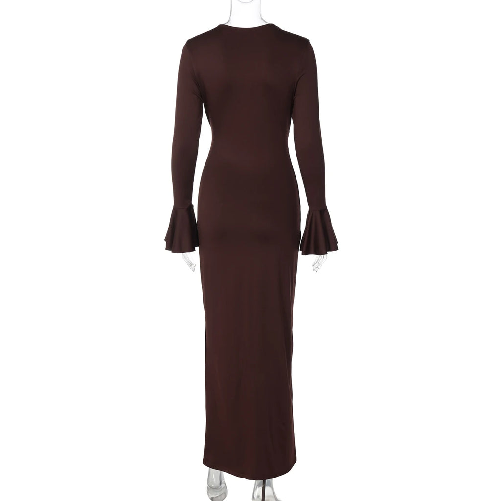 Dulzura O-Neck Long Flare Sleeve Ruched Lace Up Slim Long Dress Women'S Fashion Elegant Clothes Party Club Street Autumn Outfit