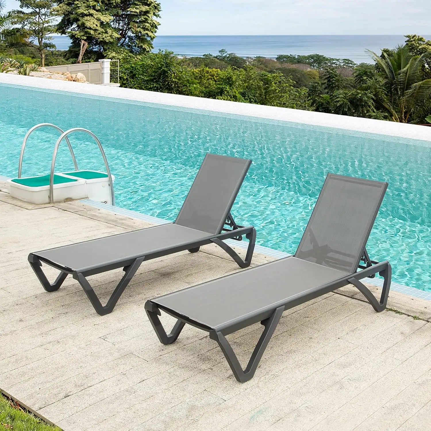 2 Pack Aluminum Outdoor Chaise Lounge,With Wheels,5 Position Adjustable,All Weather Pool Patio, Custom