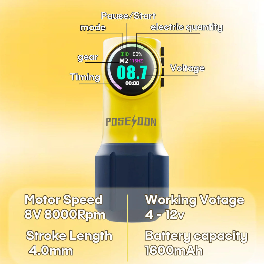 POSEIDON Cute Yellow Tattoo Machine Yellow Wirless Tattoo Pen With Powerful Custom Motor For Professional Tattoo Artist