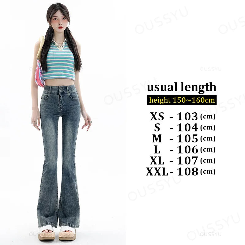 Women Jeans Cotton Denim Flared Pants Elastic Force Vintage Streetwear High Waist Slim Mom Harajuku Trousers Plus Length