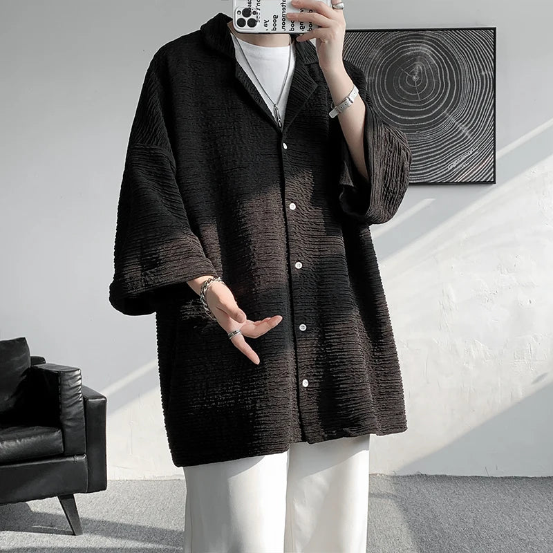 Ice Silk Shirt Men's High Quality Summer Fashion Brand ins 5-sleeve shirt loose casual masculina camisas hombre