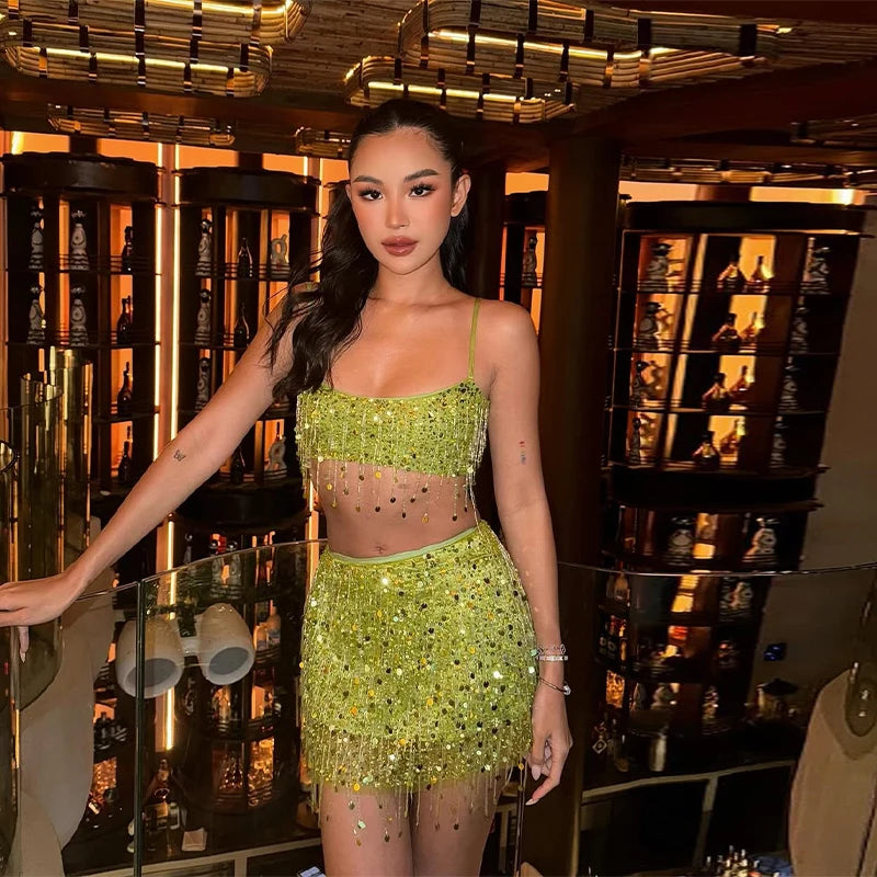 Sexy Tassel Sequins Vest Mini Skirt Women Crop Sling Vests Short Hip Package A-line Skirts 2026 Summer Lady Beach Party Outfits