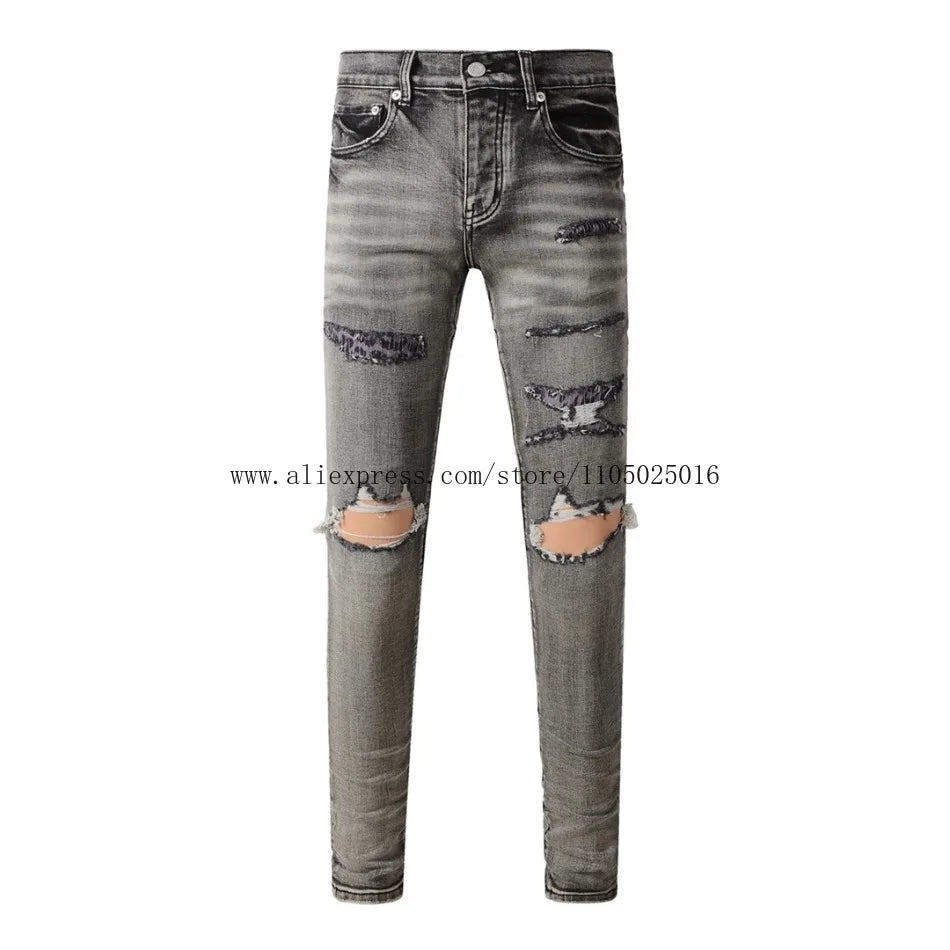 High Street American Distressed Men's Jeans Fashion Brand Coated Blank Stretch Skinny Button Fly Ripped Pants Trousers