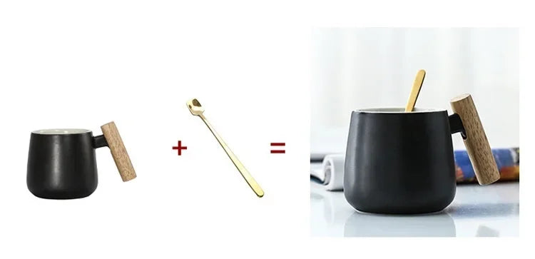 Nordic Style Black White Fat Body Coffee Mug with Wooden Handle and Spoon Modern Office Use Water Milk Drinks Ceramic Cups