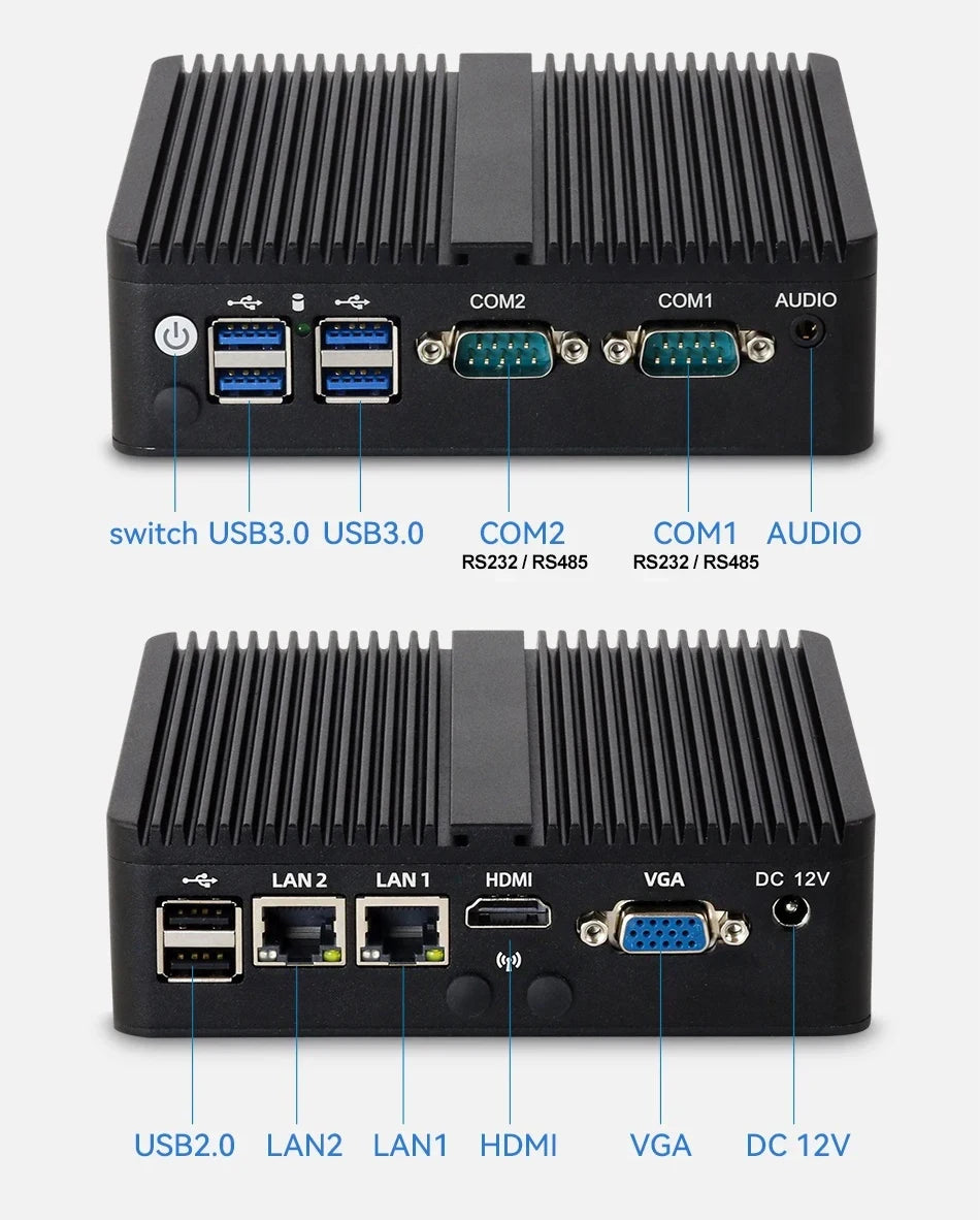 XCY Mini PC Intel Celeron J6412 Quad Cores 2x RS232/485 Dual Ethernet Mini PCIe HDMI VGA Fanless Industrial IPC Windows Linux