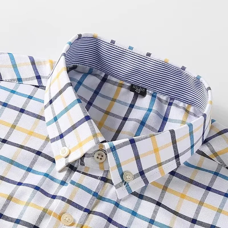 100% Pure Cotton Oxford Shirts for Men Long Sleeve Plaid Shirt Striped Male Business Checked Red Shirt Mans Designer Clothes 7XL