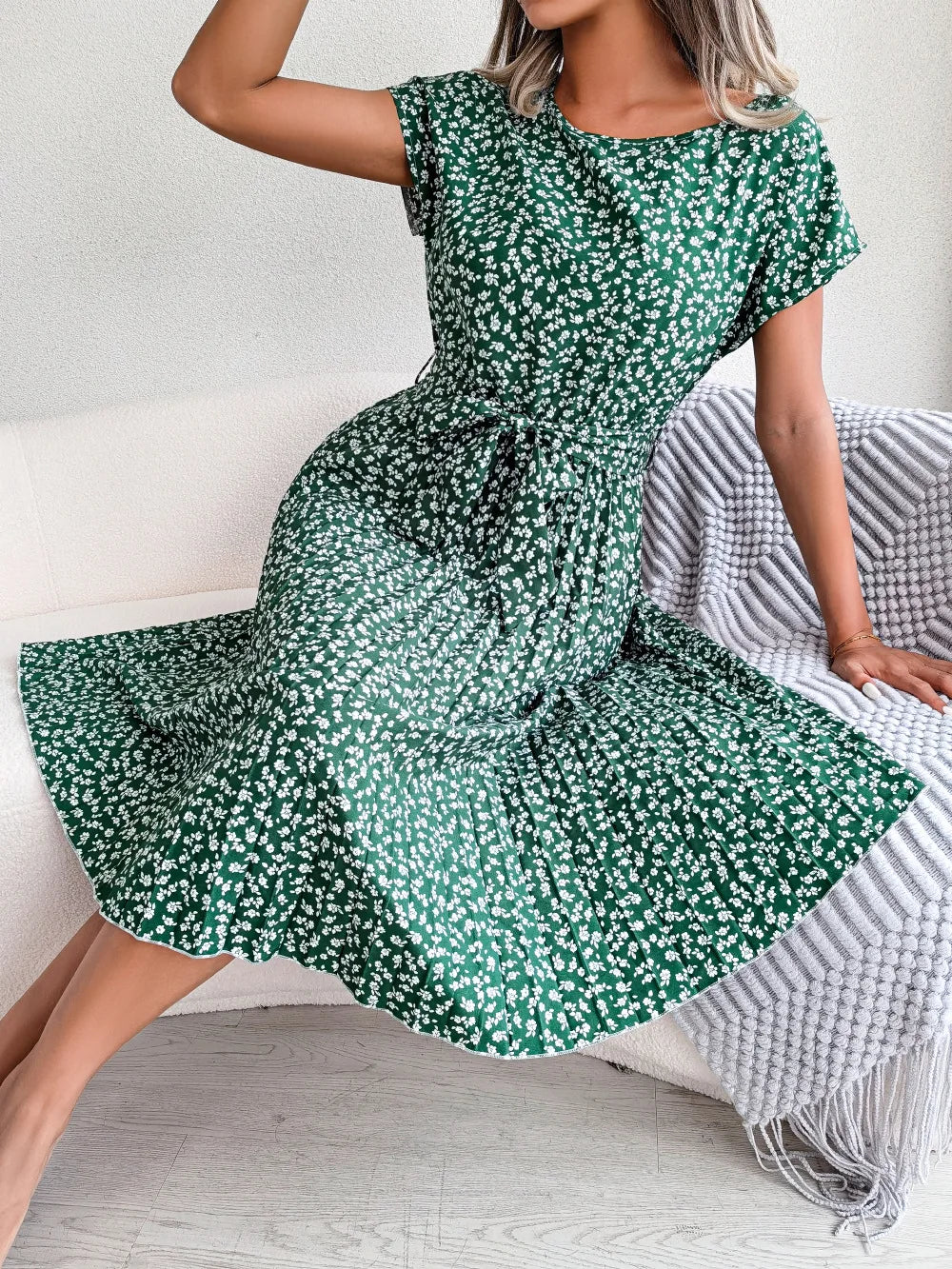 Women Spring Summer Short Sleeve High Waist Chic Dress Fashion Floral Pleated A Line Long Dress