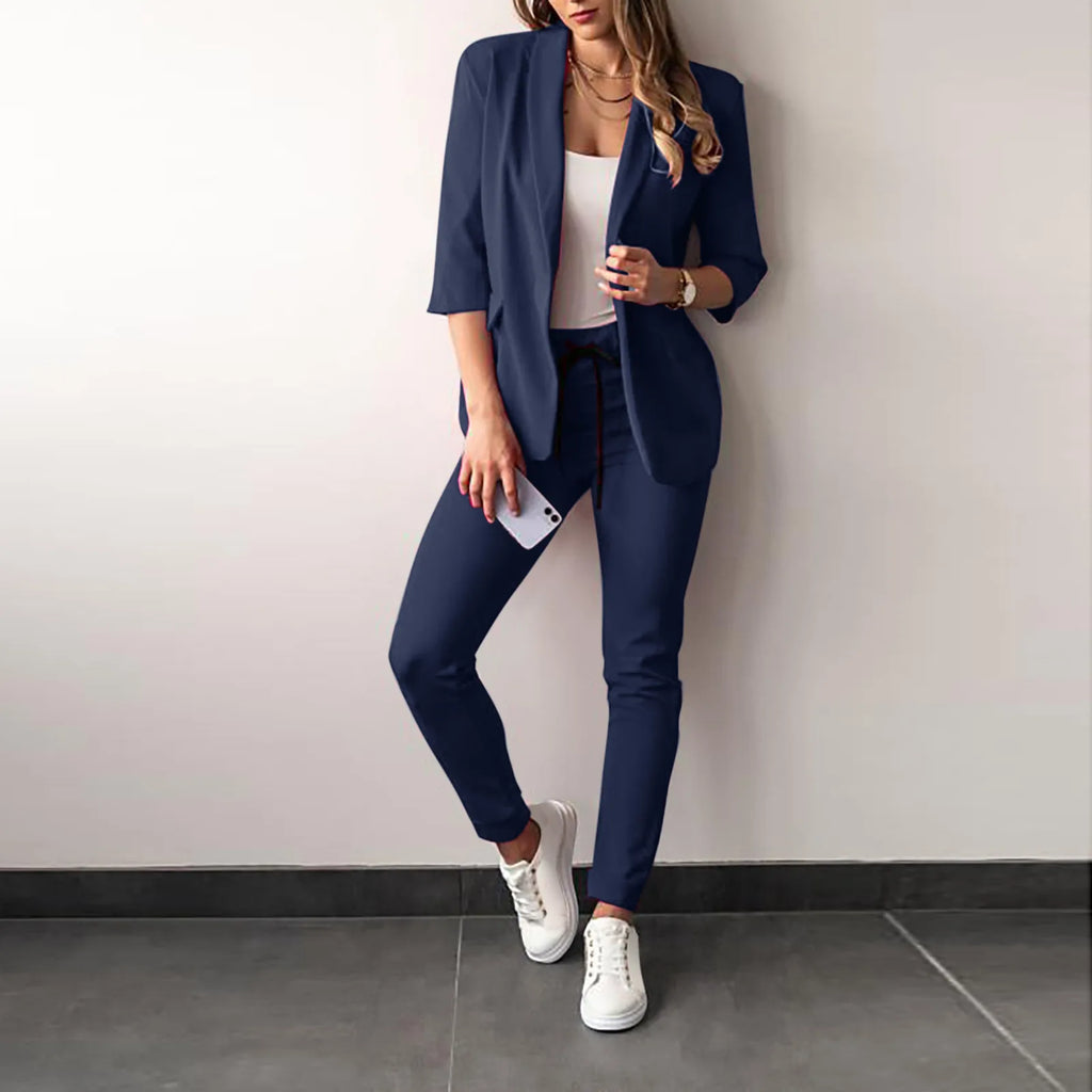 2024 Women's Two Piece Pant Suit Set Outfits Spring Autumn Turn Down Print Blazer Coat Drawstring Pants Suit Women Casual Sets