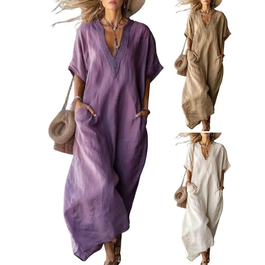 Women Dresses 2026 Casual Solid Color Short-sleeved V-neck Long Dresses Women's Clothing Vestidoes Sundress With Pockets