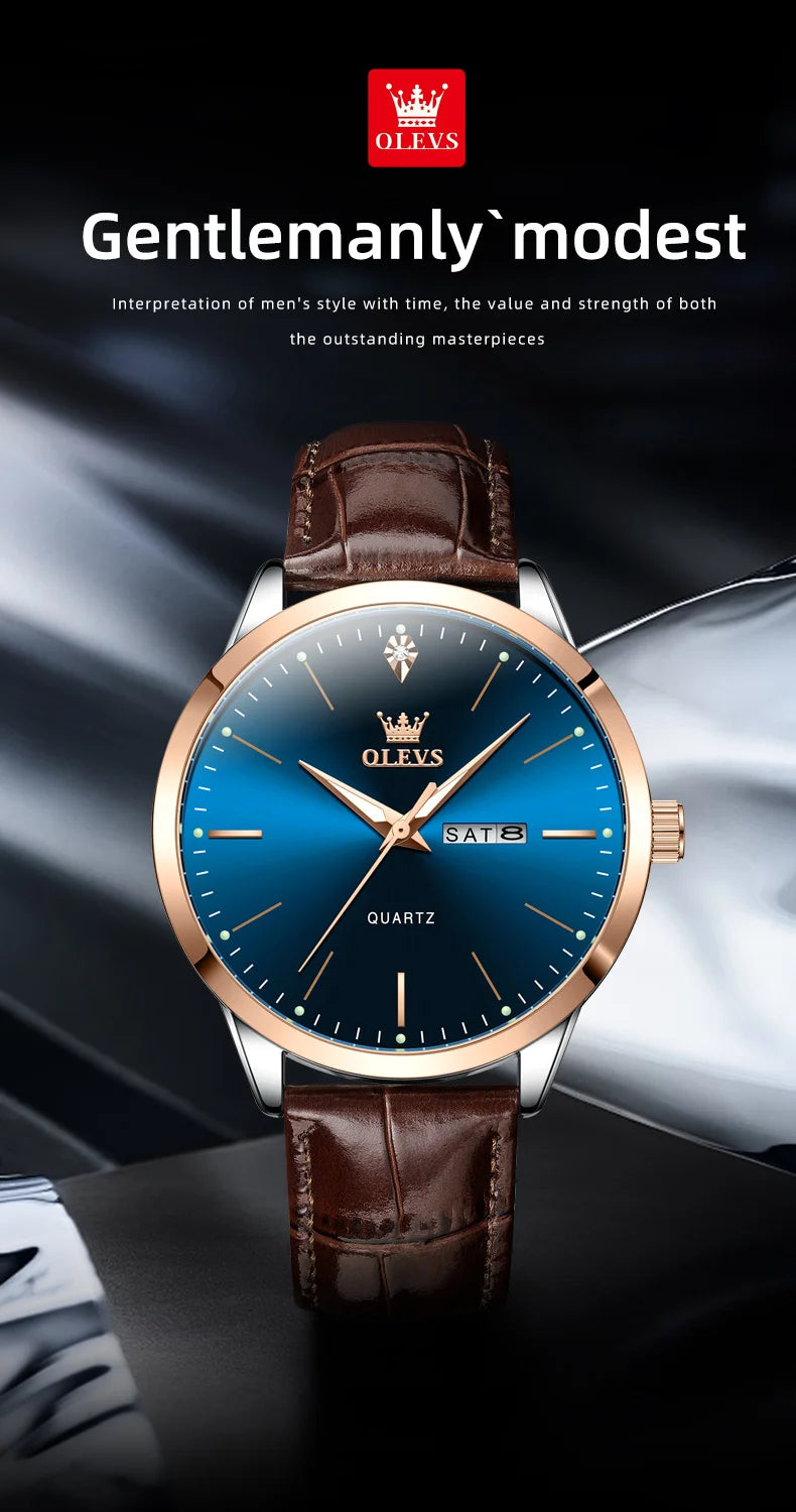 OLEVS 2935 Business Casual Men's Watch Waterproof Leather Strap Luxury Brand Date Week Temperament Trend Quartz Men's Watch