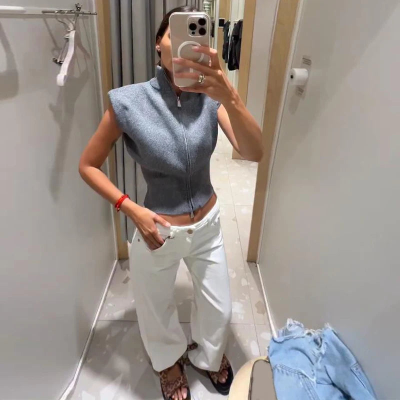 Sleeveless Padded Shoulder Women's Knitted Vest Half Turtleneck Double Zipper Cropped Slim Solid Knit Cardigan Street New Tops