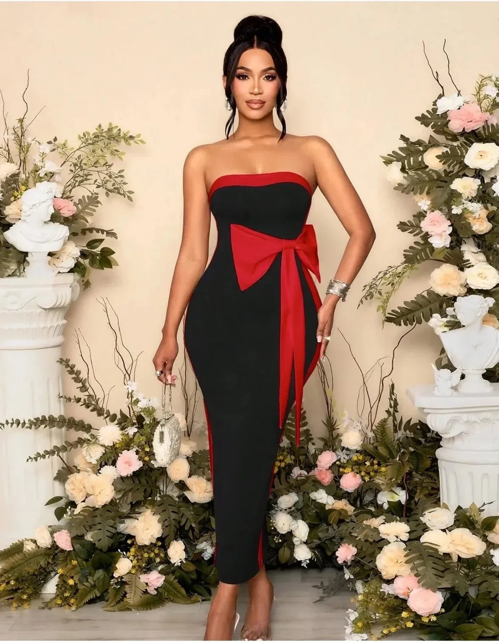 Women Sexy Strapless Off the Shoulder Bow Bodycon Bandage Long Dress Celebrate Fashion Nightclub Party Birthday Outfit