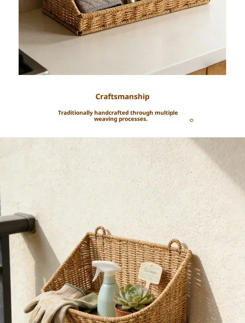 Woven Imitation Rattan Wall Mounted Storage Basket Slanted Shelf Organizer for Kitchen Living Room Bathroom Bedroom Balcony