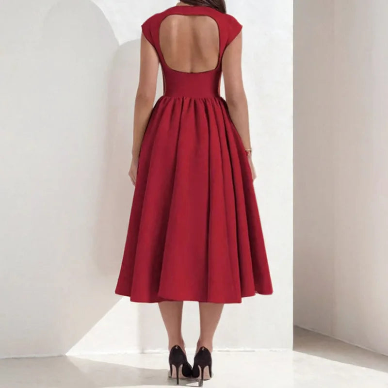 Summer French Fashionable Women's Temperament Solid Color High Waist Sleeveless Back Hollow Dress for Slimming