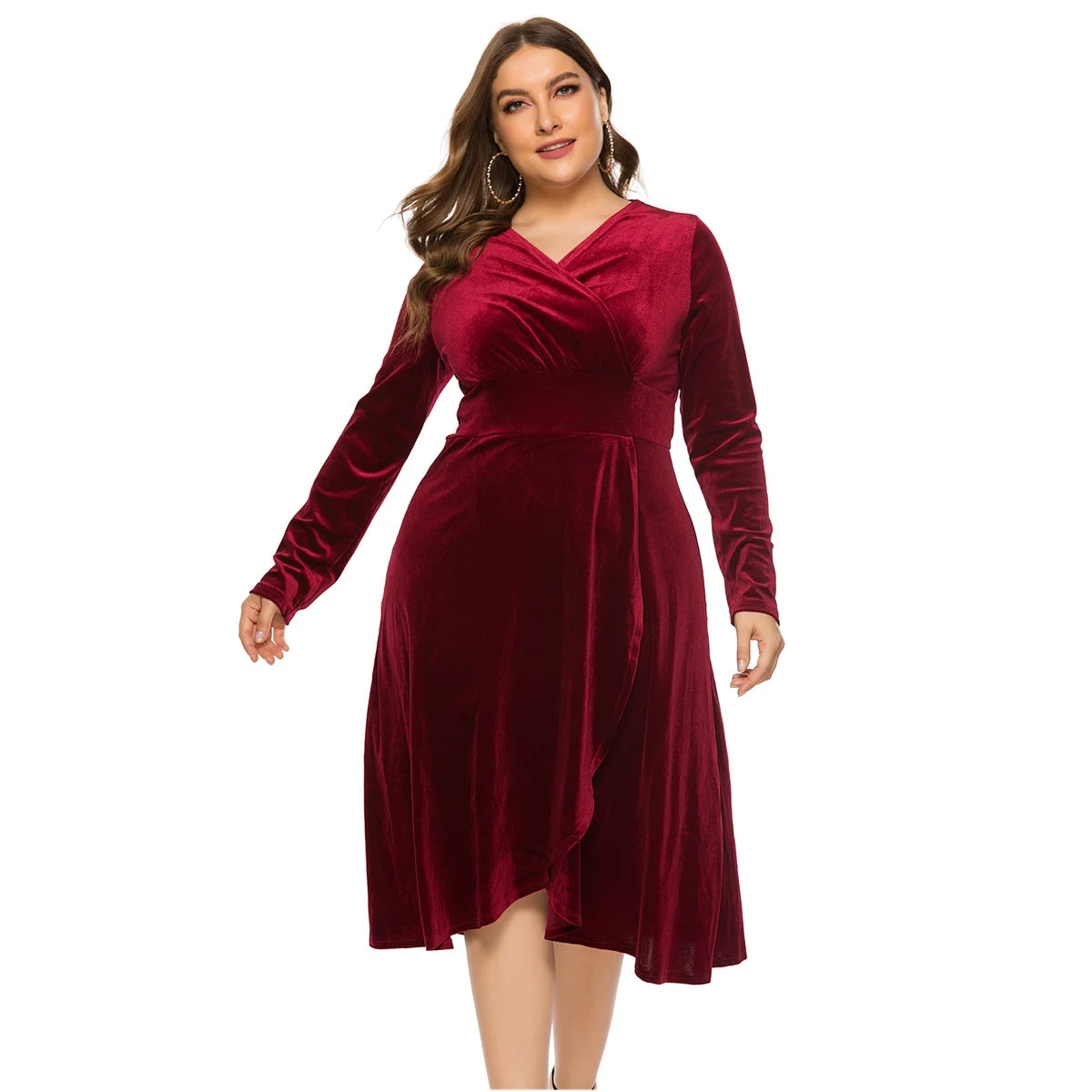 Plus Size New Arrival Fashional Long Sleeve V Neck Velvet Maxi Midi Dresses For Big Size Elegant Women