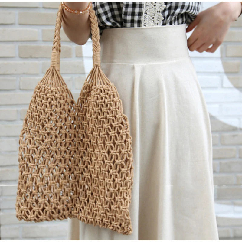 Hollow Crochet Mesh Woven Shoulder Bag With Inner Pocket,Women Solid Color Handbag,Summer Work Beach Vacation Commuting Tote Bag