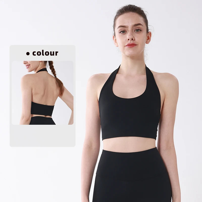 Sports Top Women Sexy Hanging Neck Yoga Bra High Intensity Shockproof Fixed Chest Pad Running Fitness Outdoor Leisure Yoga Vest
