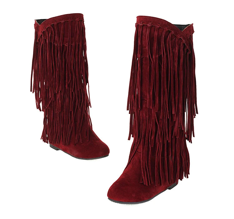 2025 New High Boots Women Bohemian Flock Tassle Mid-Calf Boots Wedge Booties Autumn Winter Ethnic Casual Shoes zapatos de mujer