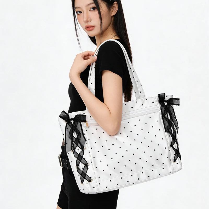 Japanese Polka Dot Shoulder Bag, Sweet Cute Large-capacity Ita Bag, Bow Lace Tie Design Handbag Fashion Lightweight Laptop Bag