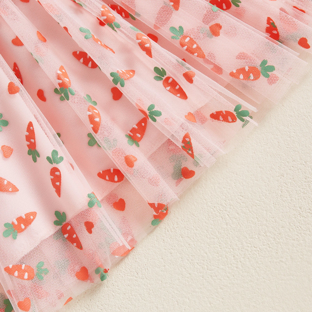 Toddler Baby Girls Easter Tulle Dress Cute Carrot/Rabbit Print Ruffled Flying Sleeve Mesh Dress for Summer Casual Clothes