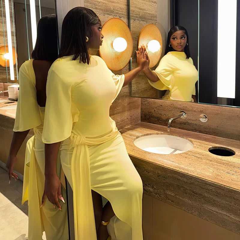 Joskaa Elegant O-Neck Half Sleeve Backless Ruched Slit Bodycon Maxi Dress for Woman 2025 Fall Birthday Evening Vacation Clubwear