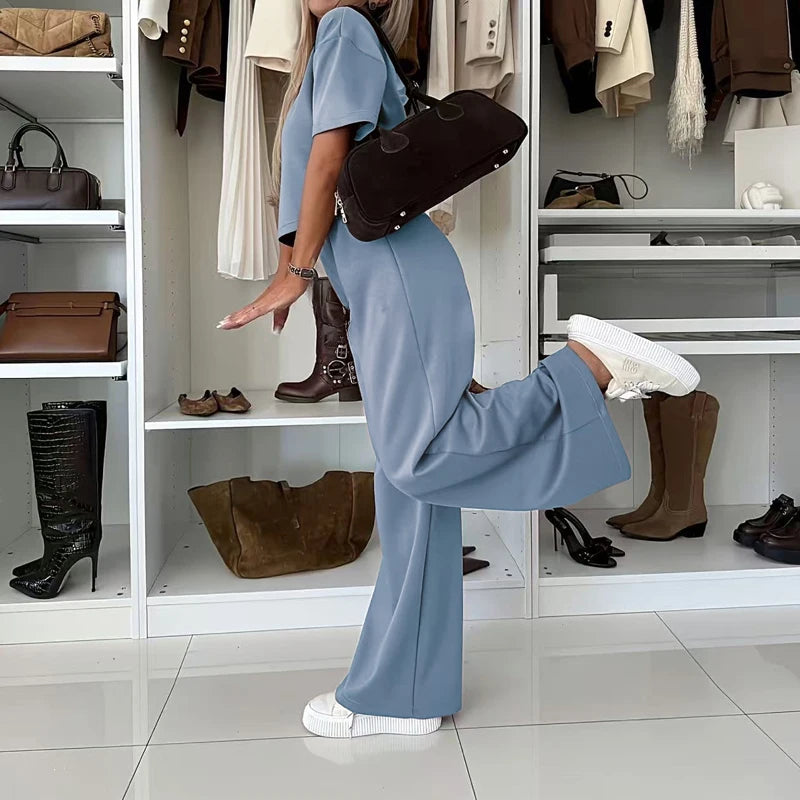 Women Fashion Simple Solid 2 Piece Sets Elegant O-neck Pullover Tops & Long Pant Suits Casual Short Sleeve Loose Summer Outfits
