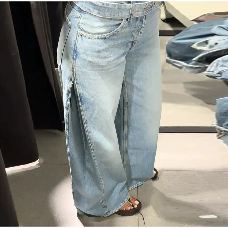 2026 Spring Low Waist Pleated Wide Leg Jeans Light Wash Raw Edge Double Waistband Casual Women Pants Trendy Y2K Lady Trousers
