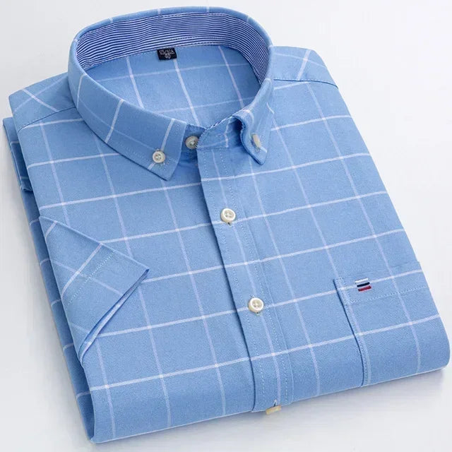 2025 100% Pure Cotton Men's Oxford Short Sleeve Square Collar Soild Plaid Striped Summer Casual Shirts Single Pocket  Shirt