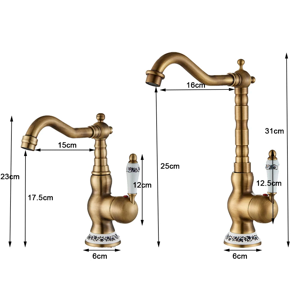 Antique Brass Bathroom Faucet Hot & Cold Mixer Tap Single Hole Single Lever Rotatable Ceramic Handle for Kitchen