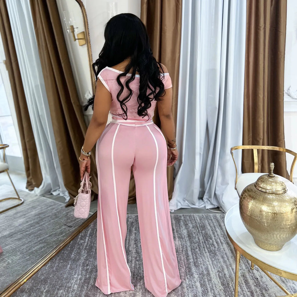 Casual Women's Solid Color Set with Diagonal Shoulders and Wide Legs, Two Piece Set, Summer 2025