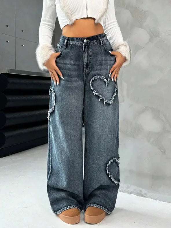 Women Retro Heart Raw Edge Spliced Jeans Heavy Washed Loose Straight Wide Leg Denim Pants Spring Autumn Casual Trousers